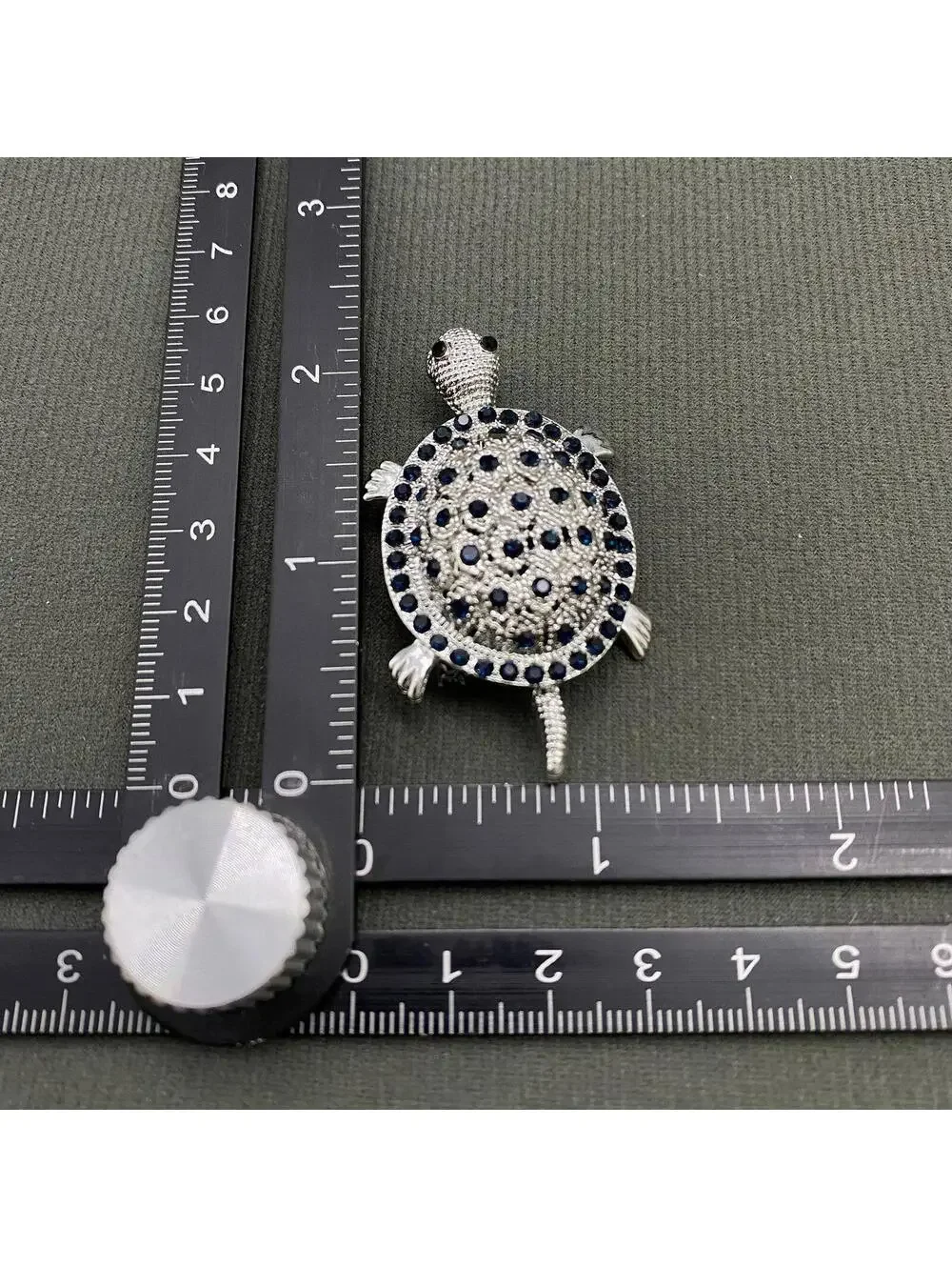 Silver Tone Turtle Brooch with Blue Rhinestones